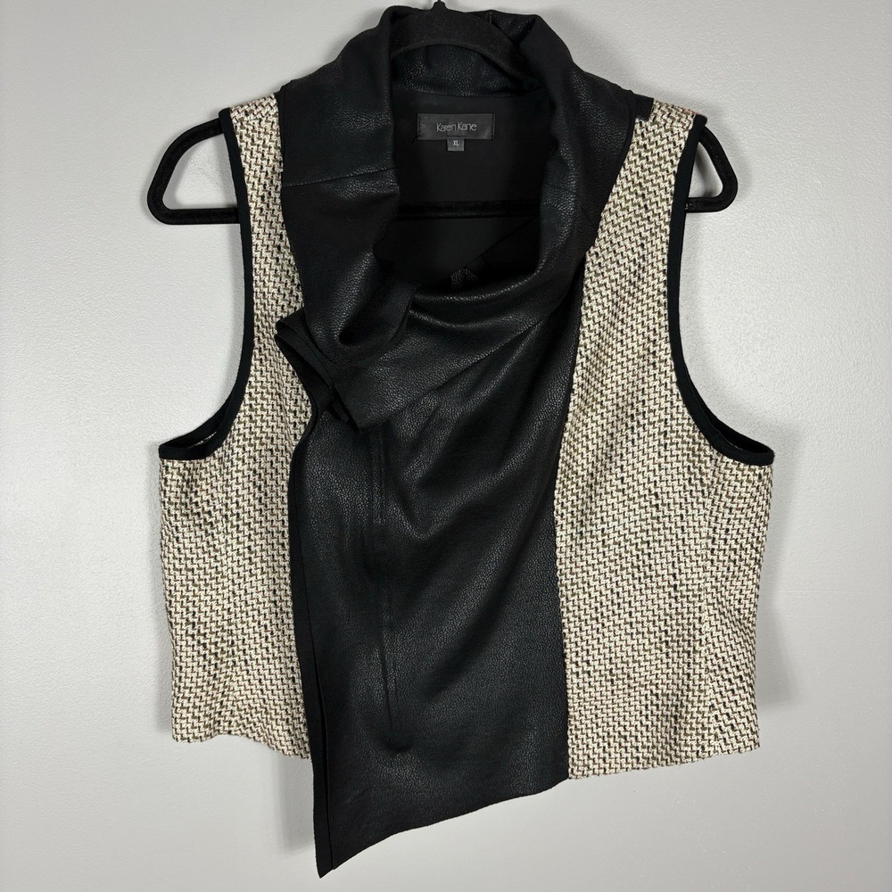 Karen Kane Women's XL Cream/Black Tweed Moto Faux Leather Drape Zip Front Vest